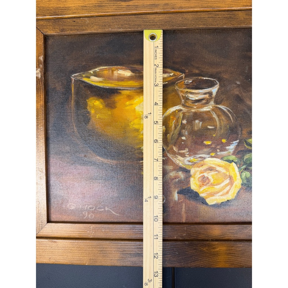 VTG Original Oil Painting Still Life Yellow Rose Brass Vessel Signed G Hock 1990 - Picture 14 of 16